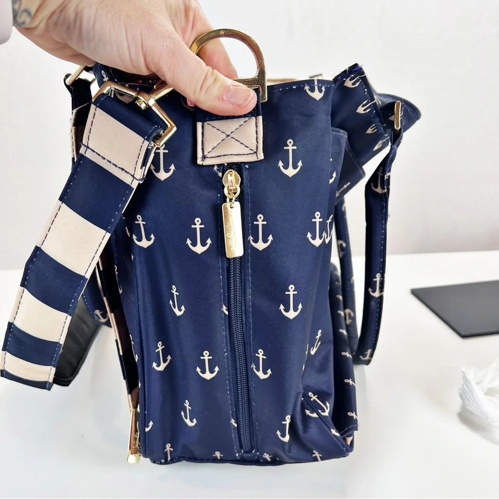 JuJuBe Diaper Bag Nautical Striped‎ w/Anchor Print Multi Compartment Baby Tote
